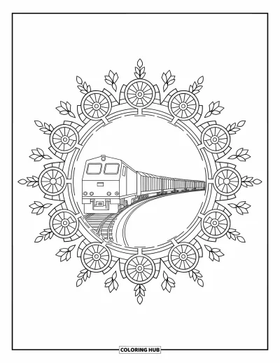 Güterzug-Ausmalbild für Erwachsene: Zug schlängelt sich durch ein mechanisch-florales Mandala mit Zahnrädern und Blättern ringsum