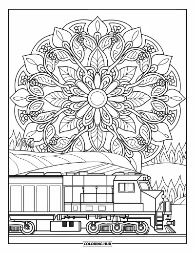 Güterzug-Ausmalbild für Erwachsene: Zug mit wenigen Waggons inmitten eines Mandalas aus Ranken und Wildblumen