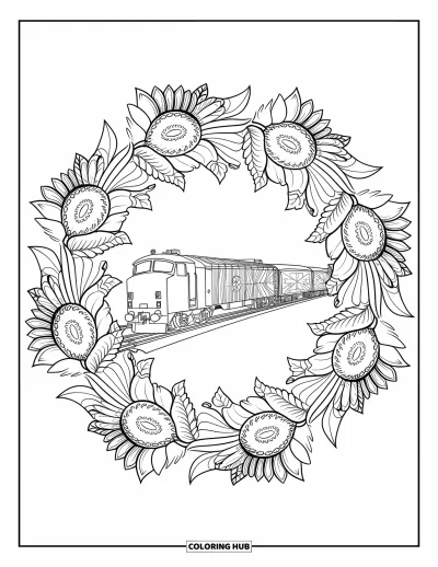 Güterzug-Ausmalbild für Erwachsene: Zug mit gemusterten Waggons umschlossen von einem detailreichen botanischen Mandala