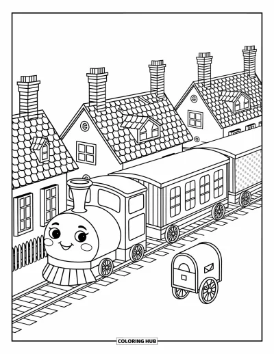 Güterzug-Ausmalbild für Erwachsene: Zug mit gestreiften, karierten und gepunkteten Waggons rollt an schmucken Häusern und Laternen vorbei
