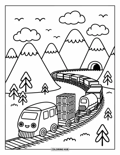 Güterzug-Ausmalbild für Erwachsene: Zug mit kleiner Fracht rollt durch geschwungene Bergpfade mit Wolken und zwitschernden Vögeln