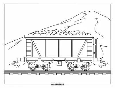 Güterzug-Ausmalbild für Kinder: Kohlenwagen auf Gleisen mit Bergpanorama im Hintergrund