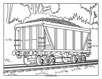 Güterzug-Ausmalbild für Kinder: Kohlenwagen umgeben von Gras und Bäumen