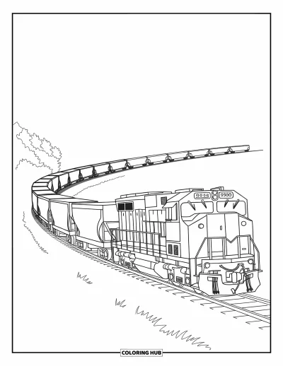 Güterzug-Ausmalbild für Kinder: Kurvenreicher Zug mit verschiedenen Waggons fährt durch eine grüne Landschaft