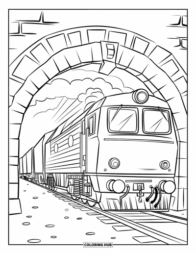 Güterzug-Ausmalbild für Kinder: Güterzug bricht aus einem Tunnel in eine offene Landschaft hervor
