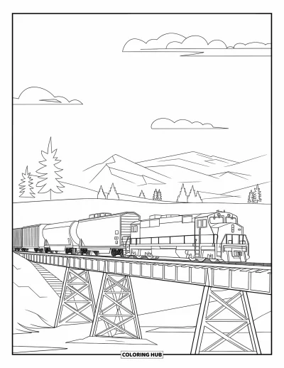 Güterzug-Ausmalbild für Kinder: Güterzug rollt über eine Brücke mit verschiedenen Waggons und Bergblick