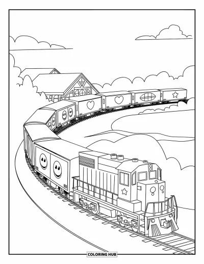 Güterzug-Ausmalbild für Kinder: Güterzug mit bunten Waggons biegt nahe einem Gebäude mit spitzem Dach ab