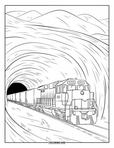 Güterzug-Ausmalbild für Kinder: Zug kommt aus einem gemusterten Tunnel in eine weite Landschaft heraus