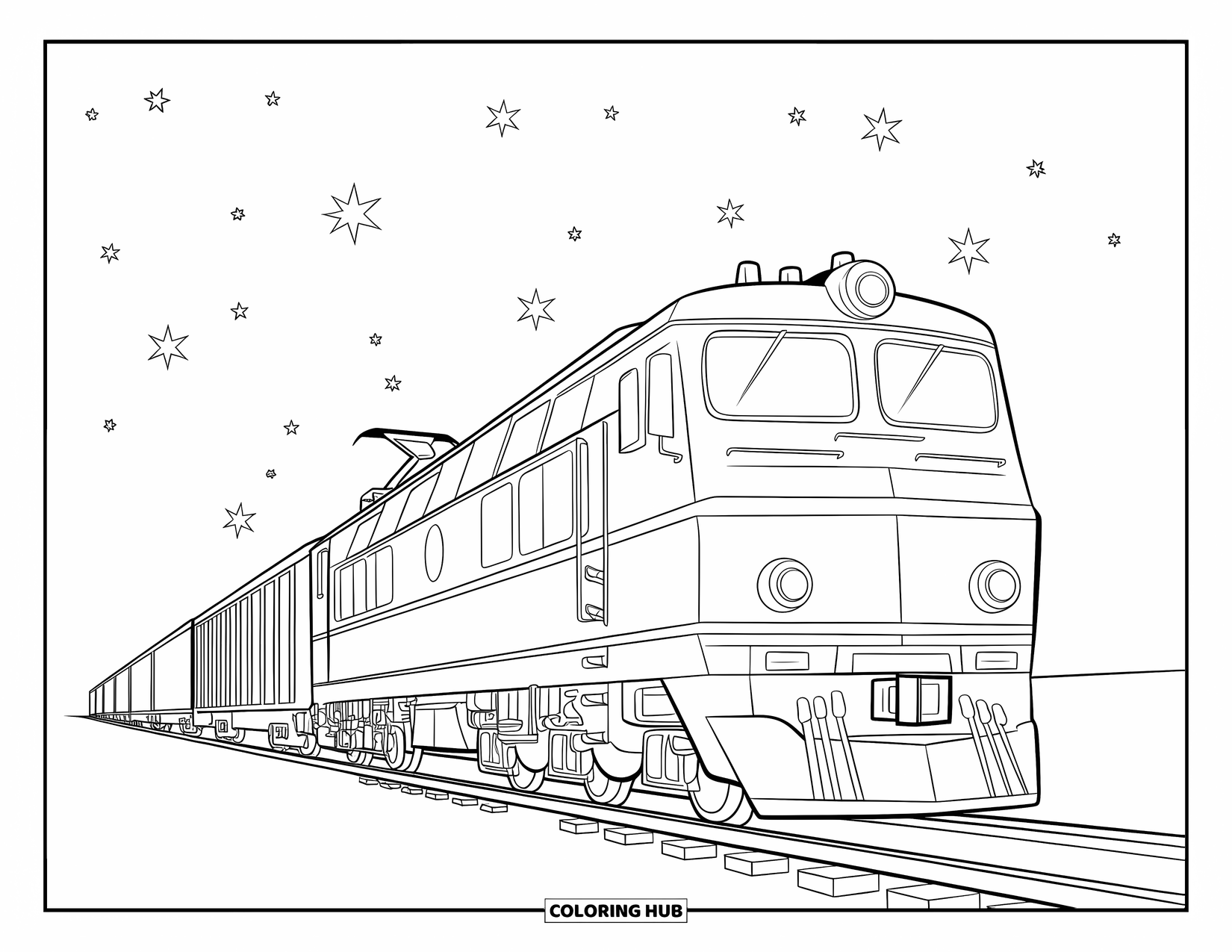 Freight Train Coloring Page for Kids: Train moves forward beneath a twinkling sky and bright lamps