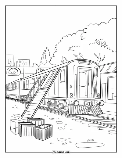 Güterzug-Ausmalbild für Kinder: Zug hält am Bahnhof neben Kisten und einer Laderampe