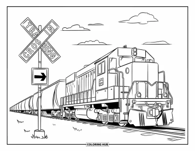 Güterzug-Ausmalbild für Kinder: Zug hält neben einem Schild mit der Aufschrift "Train Crossing" und einem Pfeil