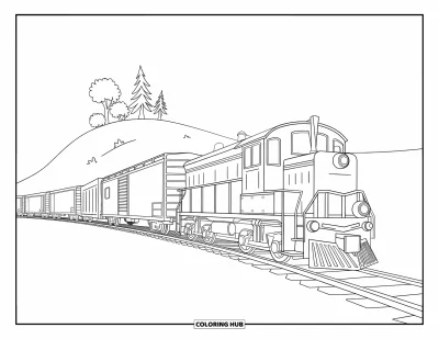 Güterzug-Ausmalbild für Kinder: Zug mit Güterwagen und Schlusswagen fährt an einem kleinen Hügel und Bäumen entlang