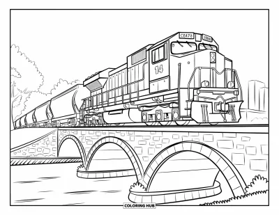 Güterzug-Ausmalbild für Kinder: Zug mit kräftiger Lokomotive überquert eine gemauerte Bogenbrücke