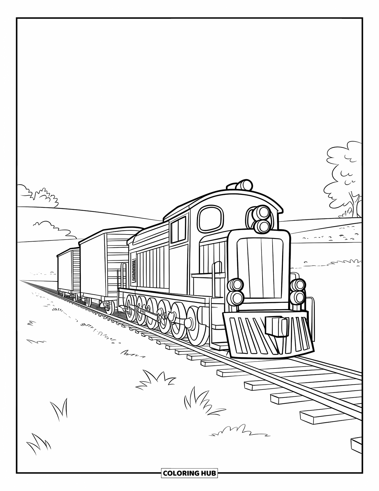 Freight Train Coloring Page for Kids: Wooden train engine pulls boxcars through a wide, open field