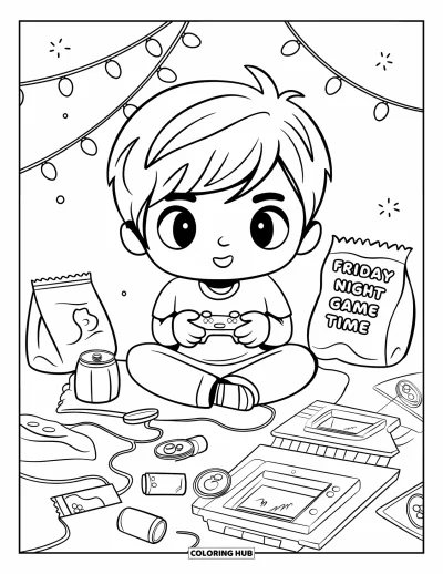 Coloriage de vendredi pour adultes : Un garçon assis en tailleur avec une manette, des snacks, une boisson et une installation "Friday Night Game Time"