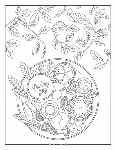 Coloriage de vendredi pour adultes : Un plateau de petit-déjeuner vu de dessus avec des fruits, des feuilles et un mot "Friday Joy"