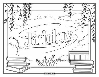 Coloriage de vendredi pour adultes : Une fenêtre paisible encadrée de plantes, de livres, d'une brise légère et de "Friday" près des arbres