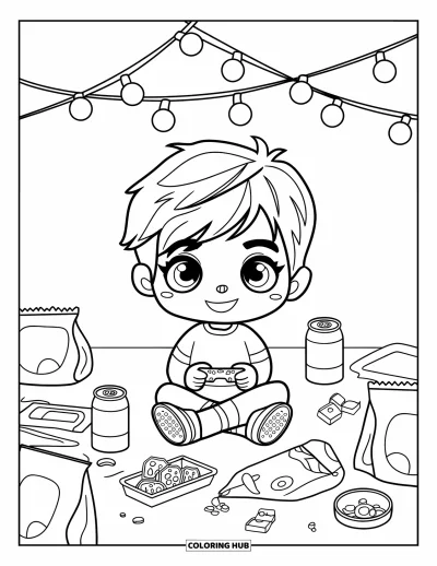 Coloriage de vendredi pour adultes : Un garçon chibi assis en tailleur qui joue aux jeux vidéo avec des snacks, une boisson et "Friday Night Game Time"