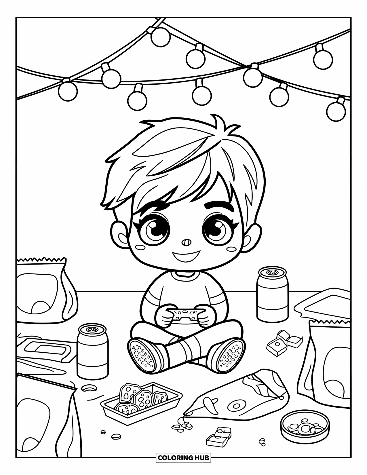 Friday Coloring Page for Adults: Chibi boy cross-legged gaming with snacks, soda, and "Friday Night Game Time"