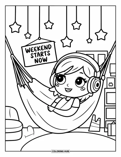 Coloriage de vendredi pour adultes : Une fille chibi dans un hamac avec un casque, des étoiles suspendues et une pancarte "Weekend Starts Now"
