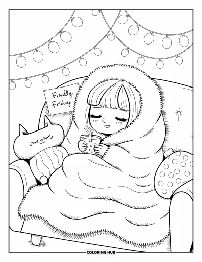 Coloriage de vendredi pour adultes : Une fille chibi nichée dans une couverture avec une boisson chaude, des guirlandes lumineuses et une pancarte "Finally Friday"