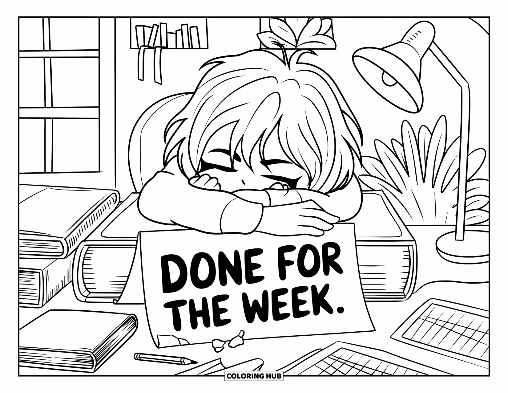 Friday Coloring Page for Adults: Chibi student asleep at desk with "Done for the Week" note and warm details