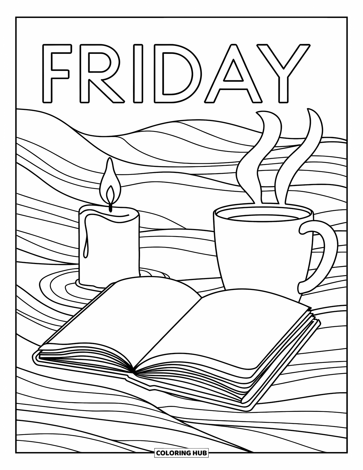 Friday Coloring Page for Adults: Cozy mug, open journal, candle, calm waves, and "Friday" above