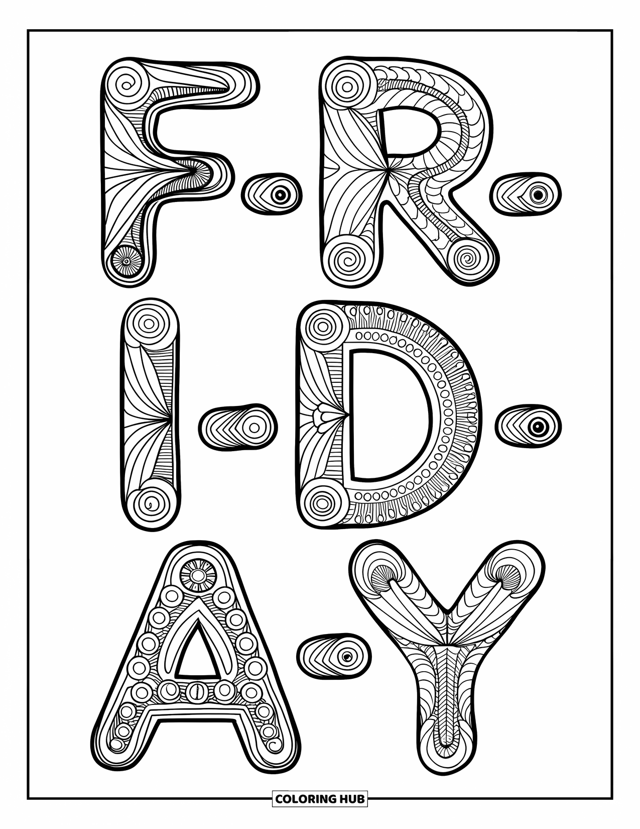 Friday Coloring Page for Adults: Decorative swirling "F-R-I-D-A-Y" arranged in a mandala pattern