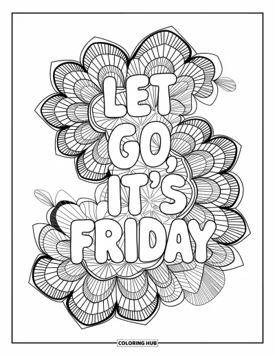 Coloriage de vendredi pour adultes : Un motif de dentelle délicat avec des formes géométriques et "Let Go, It's Friday"