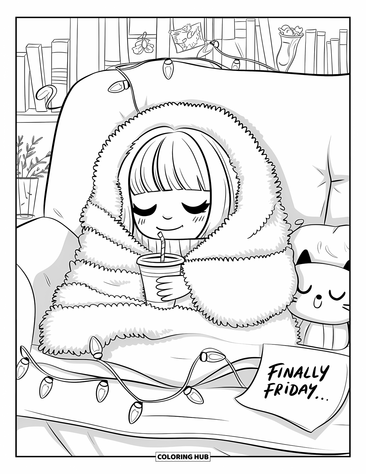 Friday Coloring Page for Adults: Girl cozy on sofa with blanket, warm drink, bookshelf, fairy lights, and "Finally Friday"