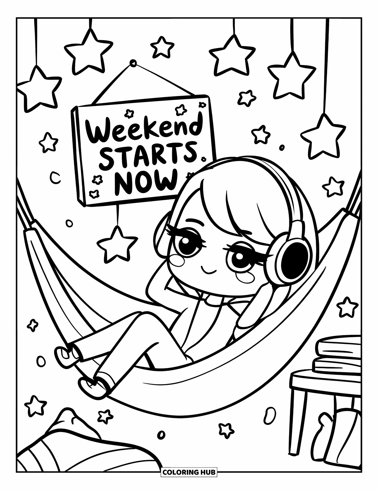 Friday Coloring Page for Adults: Girl lounging in hammock, headphones on, stars above, and "Weekend Starts Now" sign