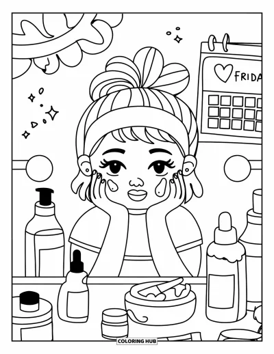 Coloriage de vendredi pour adultes : Une fille au chignon désordonné avec des patchs visage, des flacons et un calendrier marquant vendredi d'un cœur