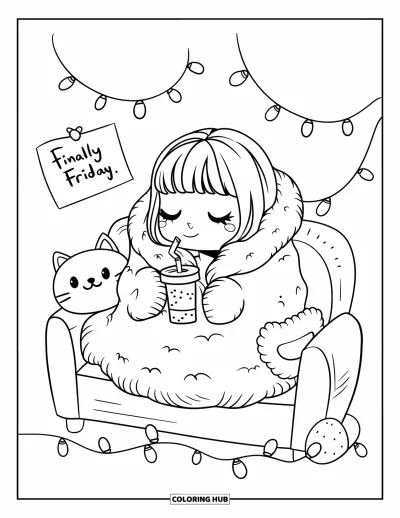Coloriage de vendredi pour adultes : Une fille enroulée dans une couverture avec une boisson chaude, des guirlandes lumineuses, un coussin chat et "Finally Friday"