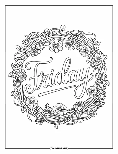 Coloriage de vendredi pour adultes : Des lianes et des fleurs épanouies enveloppant "Friday" dans un script élégant
