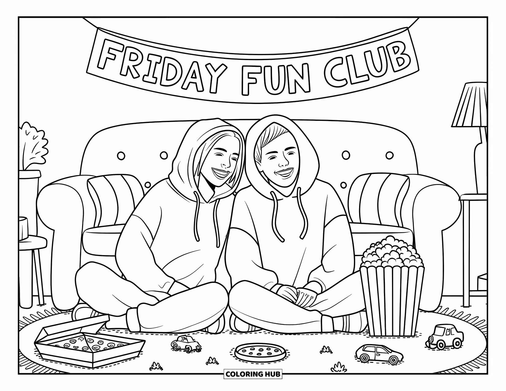 Friday Coloring Page for Adults: Movie night friends in hoodies, fluffy carpet, pizza, popcorn, and "Friday Fun Club"