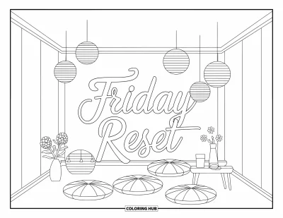 Coloriage de vendredi pour adultes : Une pièce tranquille avec des coussins, des lanternes, un vase et "Friday Reset" en écriture fluide