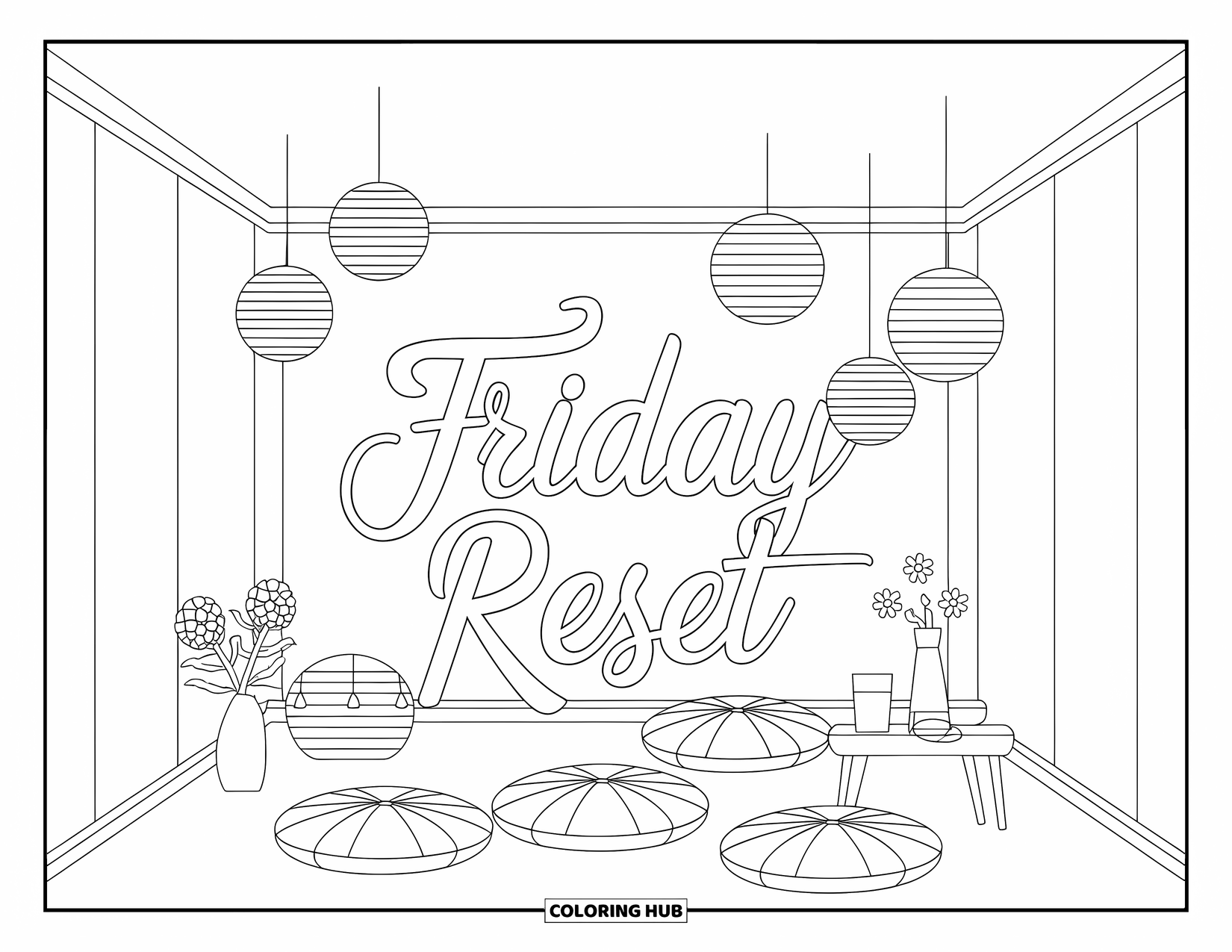 Friday Coloring Page for Adults: Peaceful room with cushions, lanterns, vase, and "Friday Reset" in flowing script