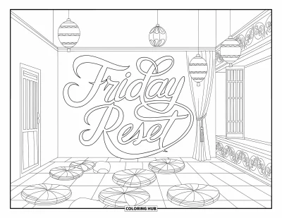 Coloriage de vendredi pour adultes : Une pièce apaisante avec des coussins, des lanternes, des motifs et une élégante calligraphie "Friday Reset"