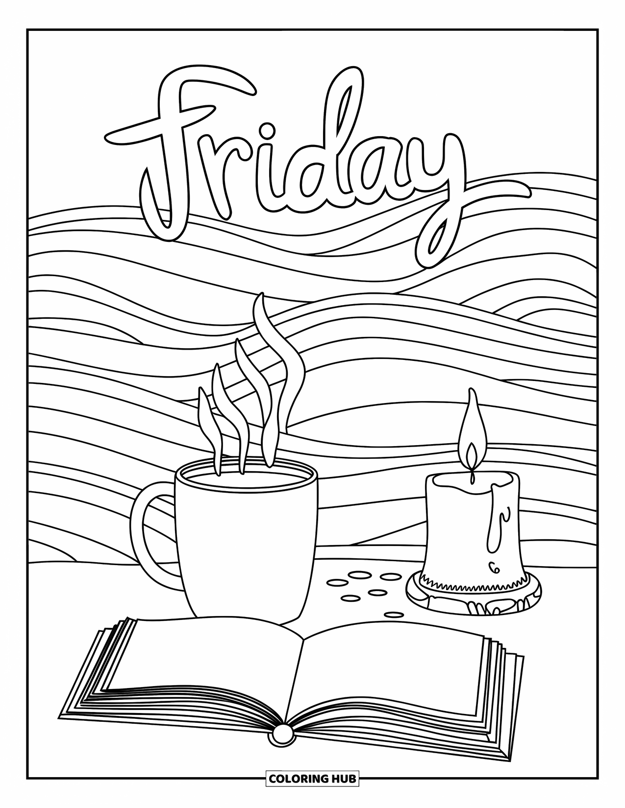 Friday Coloring Page for Adults: Steaming mug, journal, candle, calm waves, and "Friday" overhead