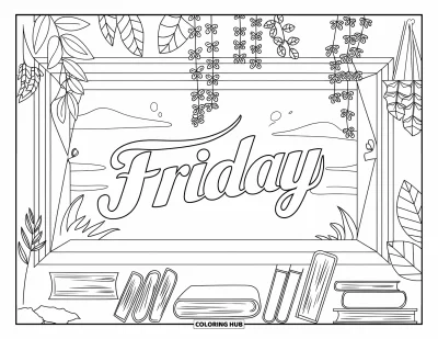Coloriage de vendredi pour adultes : Une vue de fenêtre paisible avec des plantes suspendues, des livres, une brise légère et "Friday" écrit avec douceur