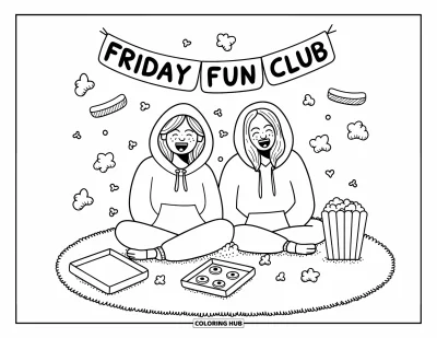 Coloriage de vendredi pour adultes : Deux amies en sweats qui rient sur un tapis avec de la pizza, du popcorn et une banderole "Friday Fun Club"