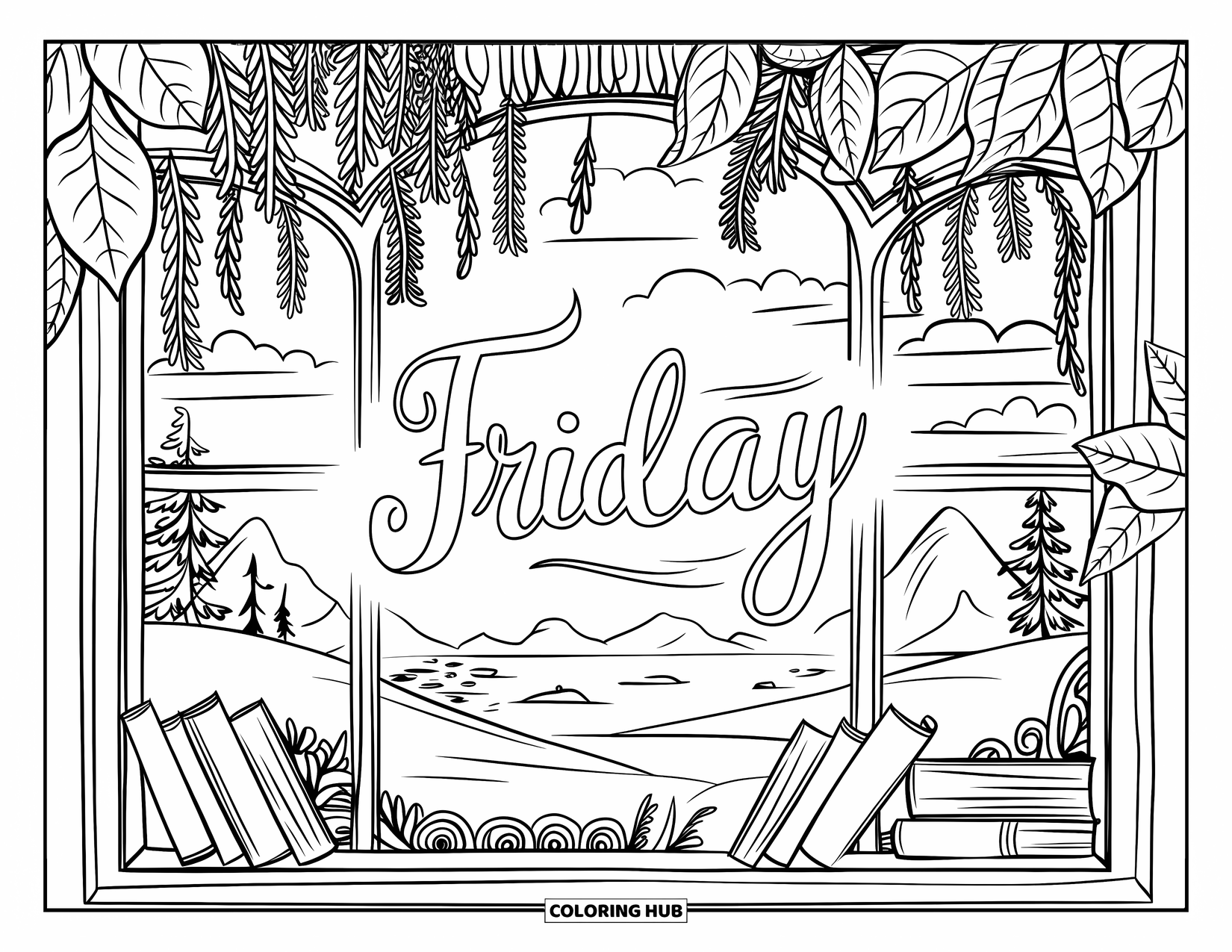 Friday Coloring Page for Adults: Window with plants, books, breeze, "Friday," and serene landscape of mountains and water