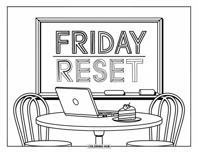 Coloriage de vendredi pour enfants : Une table de café avec un gâteau, un ordinateur portable et "Friday Reset" sur un tableau noir