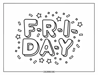 Coloriage de vendredi pour enfants : Des ballons épelant "F-R-I-D-A-Y" entourés d'étoiles et de confettis