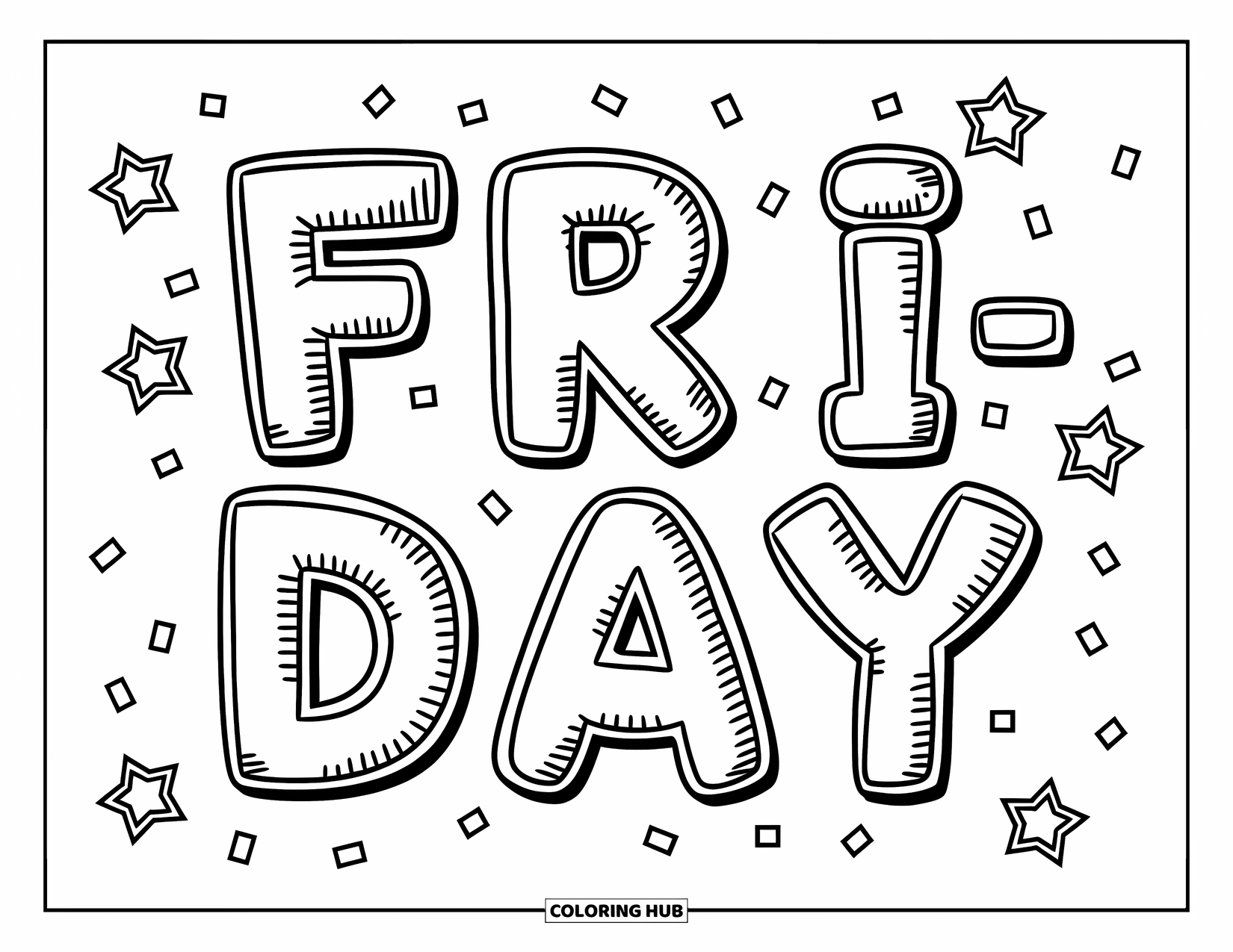 Friday Coloring Page for Kids: Balloon letters spelling "F-R-I-D-A-Y" with stars and confetti around