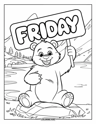 Coloriage de vendredi pour enfants : Un ours tenant une pancarte "Friday" assis sur un rocher près de montagnes, d'arbres et d'un plan d'eau