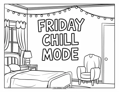 Coloriage de vendredi pour enfants : Une chambre avec des guirlandes lumineuses, un lit et "Friday Chill Mode" sur le mur