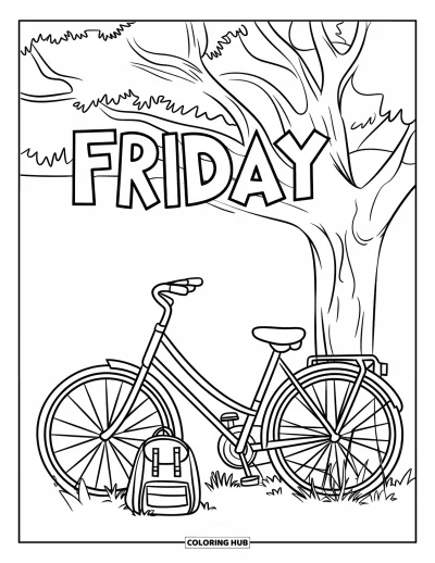 Coloriage de vendredi pour enfants : Un vélo près d'un arbre avec un sac à dos et "Friday" écrit au-dessus