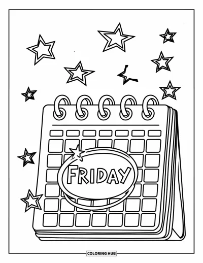 Coloriage de vendredi pour enfants : Un grand calendrier avec "FRIDAY" entouré et des étoiles tout autour