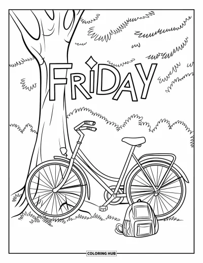 Coloriage de vendredi pour enfants : Un vélo appuyé contre un arbre avec un sac à dos par terre et "Friday" au-dessus